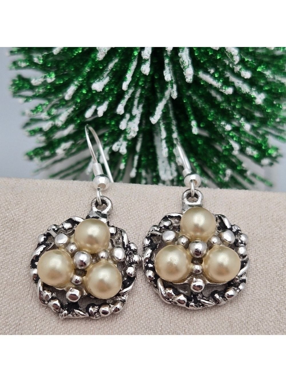 ✨2/$10✨ Triple Faux Pearl Drop Earrings Silver Tone Flower Station Sterling Hook